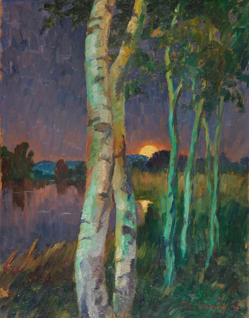 Birken bei Sonnenuntergang de Hans Emil Oberländer, óleo sobre lienzo que muestra abedules al atardecer.