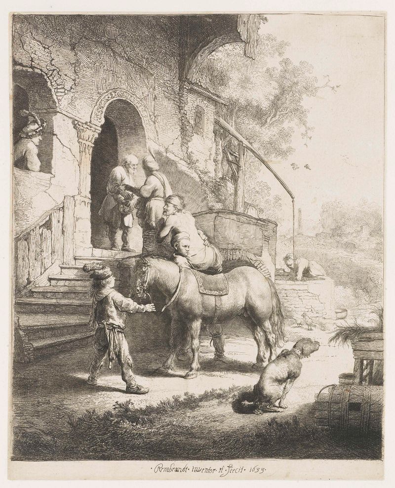 El Buen Samaritano grabado de Rembrandt van Rijn mostrando a un samaritano ayudando a un viajero herido.