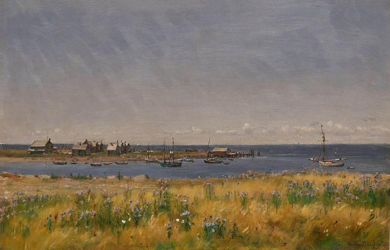 Off Seconnet, Rhode Island by Worthington Whittredge, oil painting depicting tranquil hills and water.