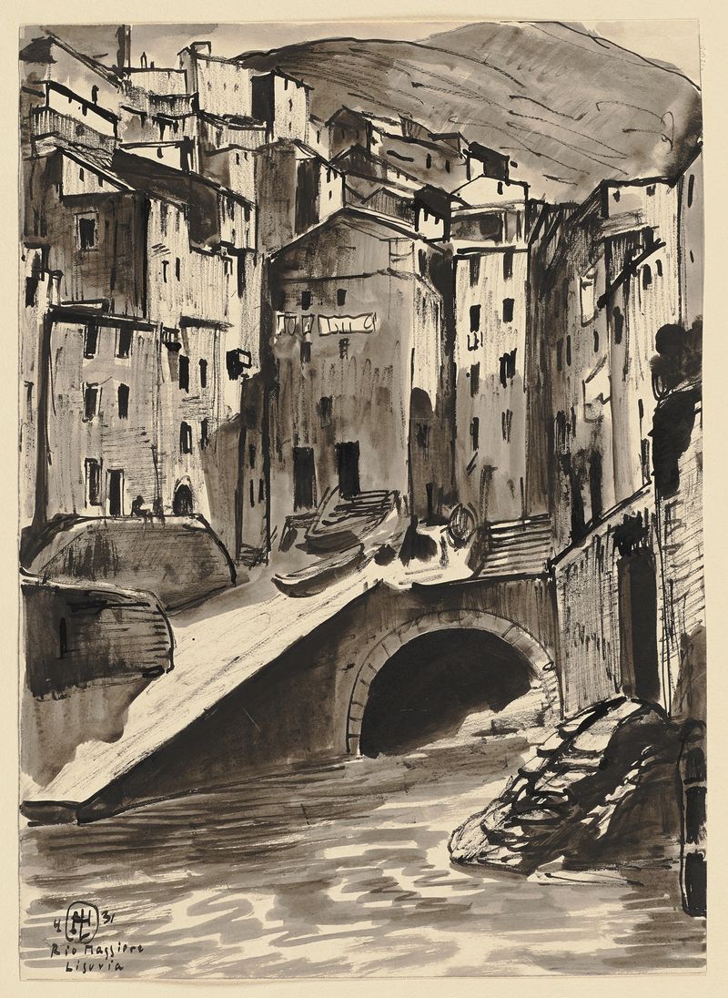 Riomaggiore by Hermann Lismann, oil on canvas depicting a coastal village with terracotta houses.
