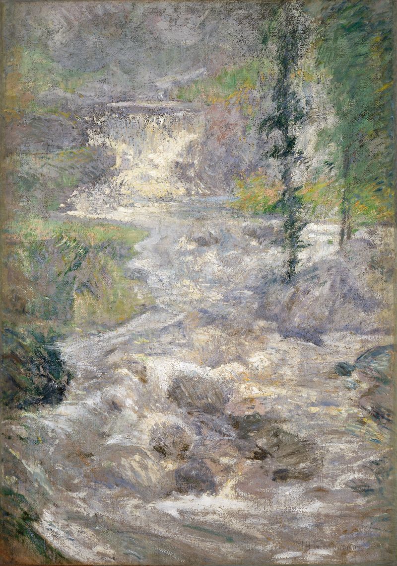 Paisaje con colores vibrantes y un arcoíris de John Henry Twachtman, pintura al óleo.