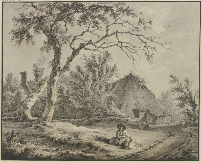 Pintura al óleo de Jan Hulswit que muestra a un caminante sentado junto a un sendero forestal.
