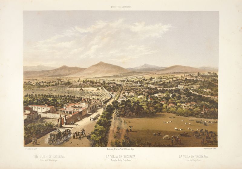 Paisaje de Tacubaya con colinas y techos, pintura al óleo de C. Castro