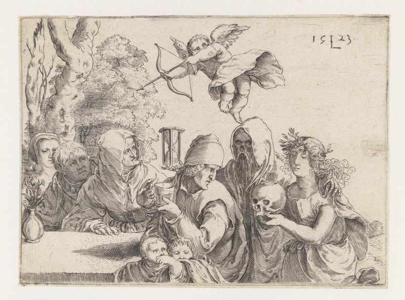 Grabado que muestra una reunión solemne alrededor de una cama de muerte por Unknown Artist