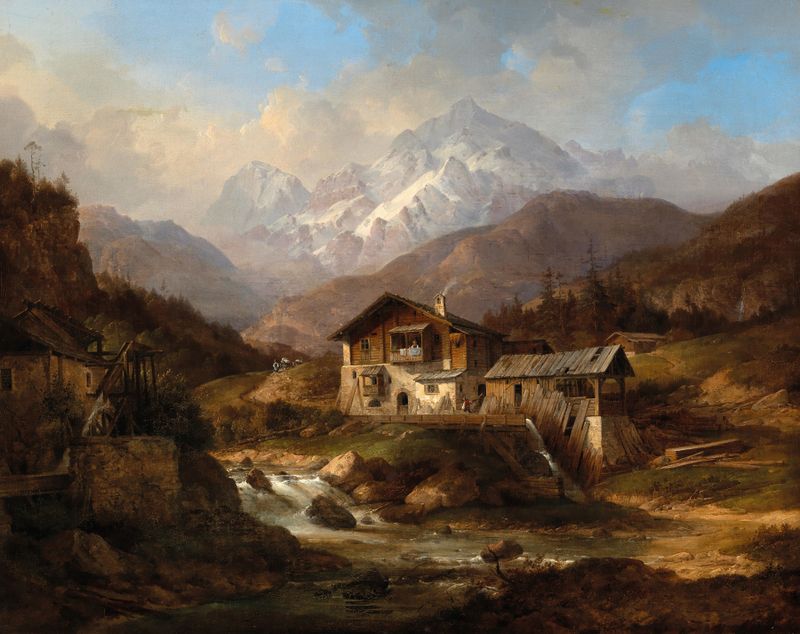 A Courtyard in the Swiss Mountains by Wilhelm Scheuchzer, oil painting depicting rustic wooden beams and nature.
