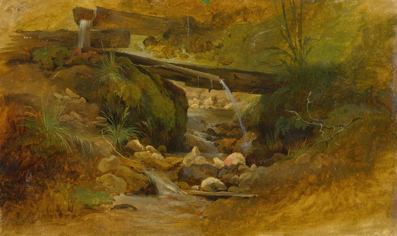Mountain Creek by Friedrich Carl von Scheidlin, oil painting depicting a rushing stream through a mountainous landscape.