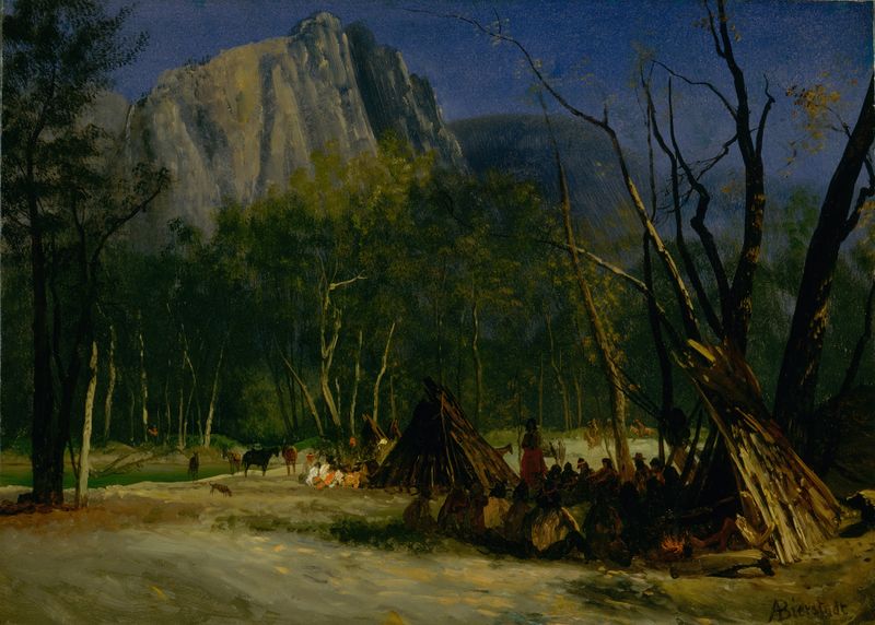 Indians in Council, California de Albert Bierstadt, óleo que muestra figuras indígenas en una reunión.