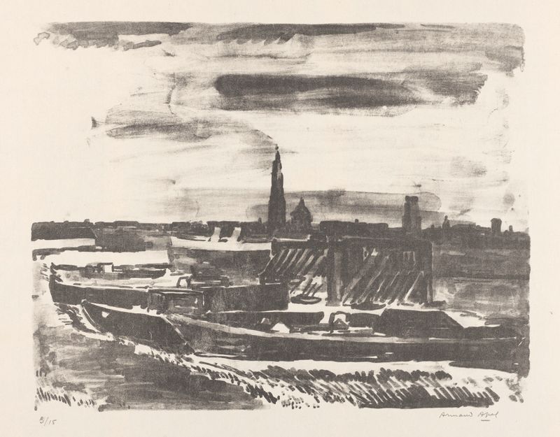 Bateaux à quai à Anvers by Armand Apol, oil on canvas depicting boats in a harbor