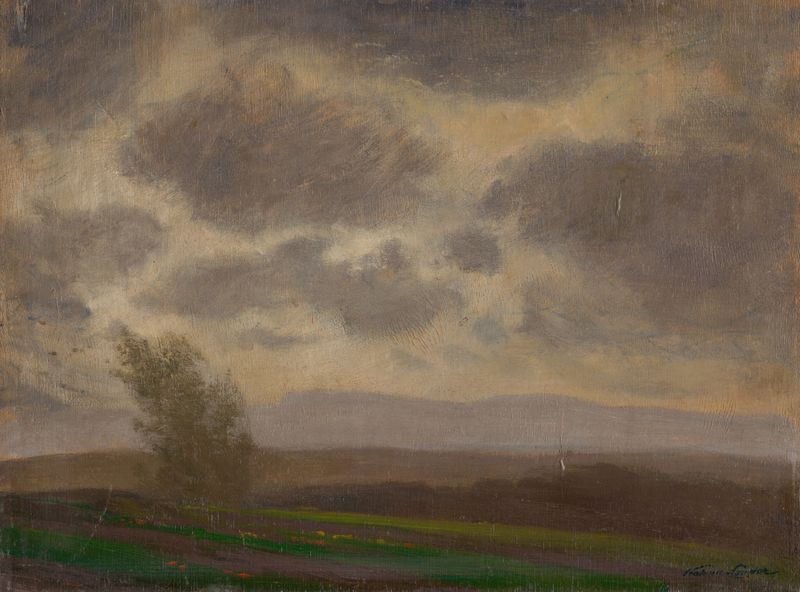 Before the Storm by Ferdinand Katona, oil on canvas depicting a landscape with golden light and stormy atmosphere.