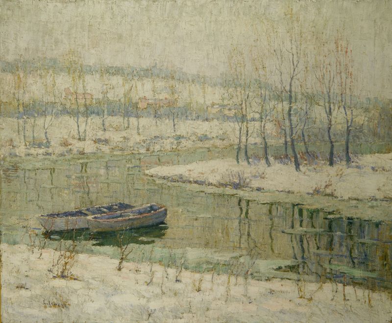Spring Thaw by Ernest Lawson, oil on canvas depicting melting snow and vibrant greenery.