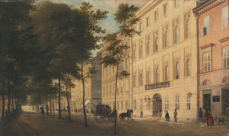 Oil painting by Eduard Gaertner depicting a city street with the Hôtel de St. Petersbourg.