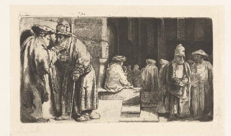Gravura de Rembrandt van Rijn mostrando uma cena de sinagoga com luz de velas e uma figura contemplativa.