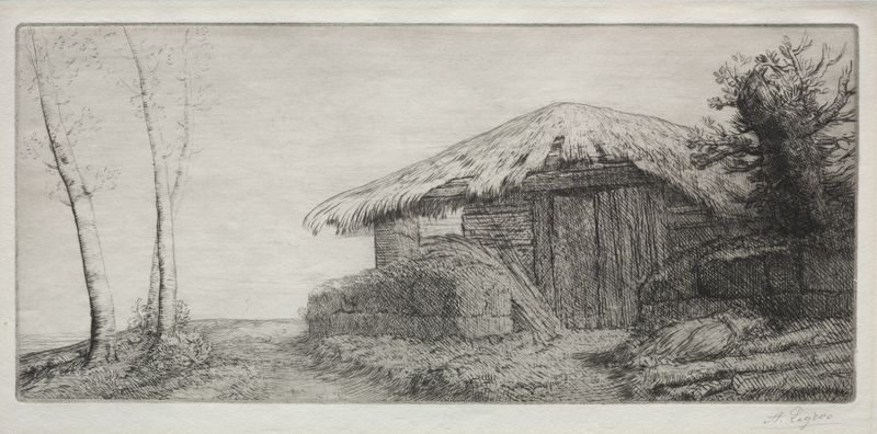 Sheepfold on the Hill, óleo sobre tela de Alphonse Legros, retratando colinas suaves e um redil tranquilo.