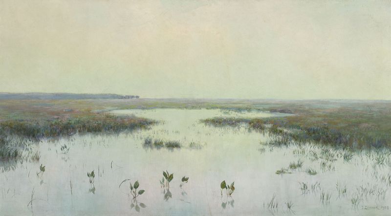 Dawn over water – Marshes, oil on canvas by Teodor Ziomek