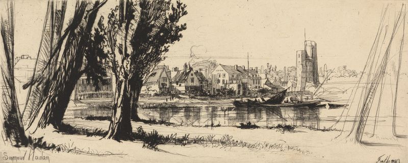 Gravura de Fulham por Francis Seymour Haden representando o Tâmisa, uma vila e reflexos na água.
