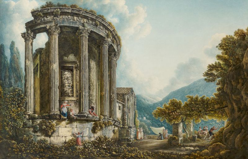 Tivoli, uma vista do Templo da Sibila de Abraham-Louis-Rodolphe Ducros, pintura a óleo que mostra ruínas e um céu vibrante.