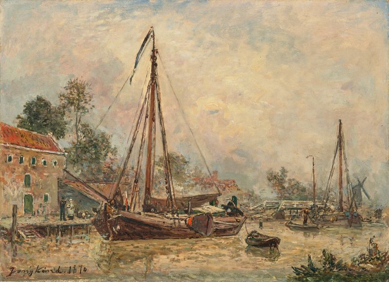 Paisagem com rio e vila, óleo sobre tela de Johan Barthold Jongkind