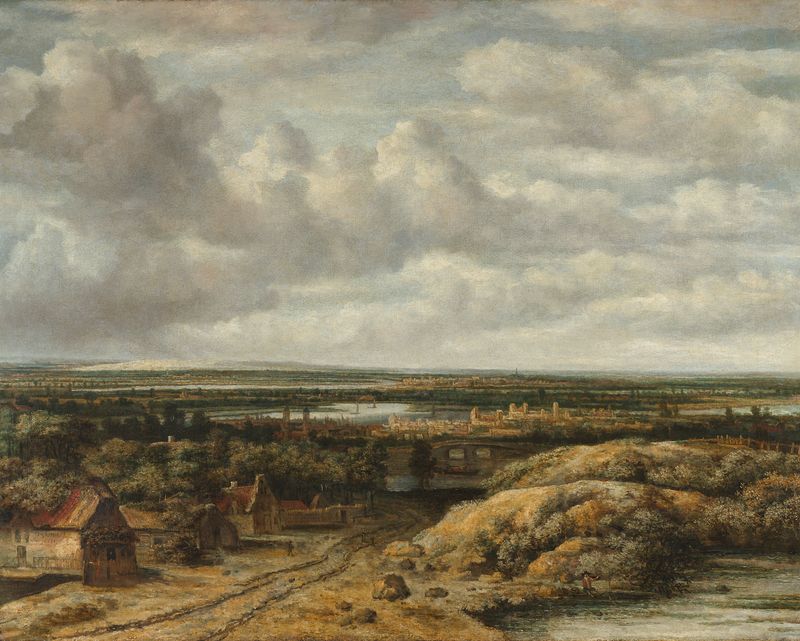 Distant View with Cottages along a Road, óleo sobre lienzo de Philips Koninck