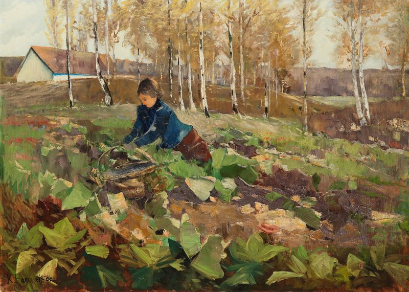 Genre scene depicting a peasant woman with beets, oil painting by Karl Hagemeister