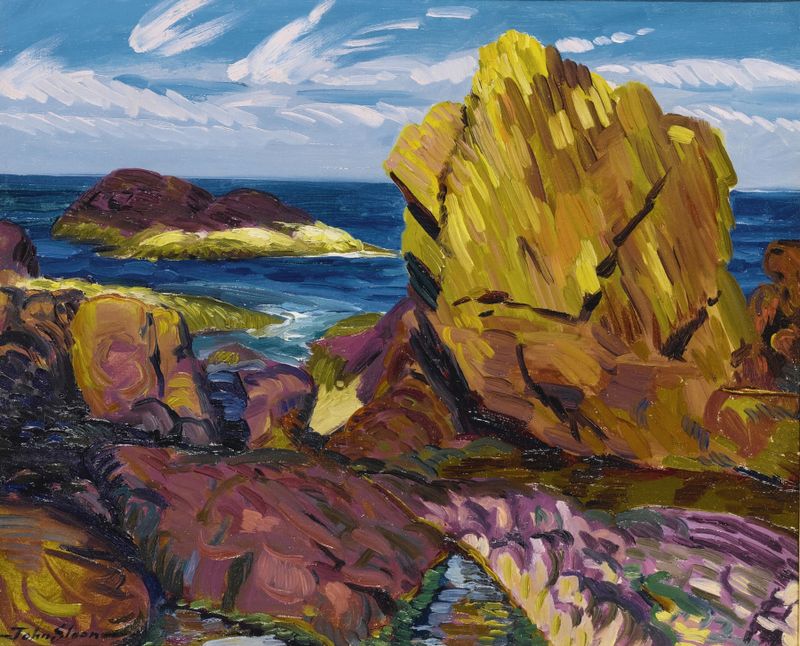 Yellow Rock, Gloucester by John Sloan, oil painting depicting a vibrant rock and ocean scene.