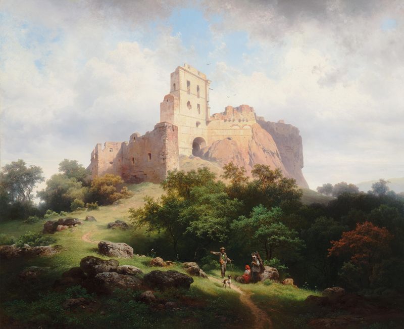 Ruine Paulenstein bei Stampfen in Ungarn by Joseph Holzer, oil painting depicting crumbling ruins and nature.