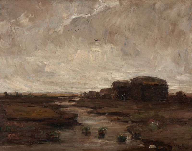 Tonal Landscape de Sientje Mesdag Van Houten, óleo sobre lienzo que muestra colinas serenas al atardecer.