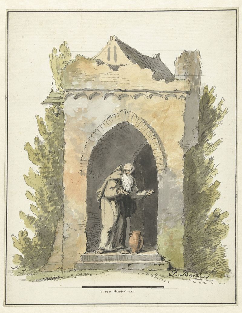 Figurative oil painting by Pieter Bartholomeusz. Barbiers depicting a solitary figure before a stone chapel.