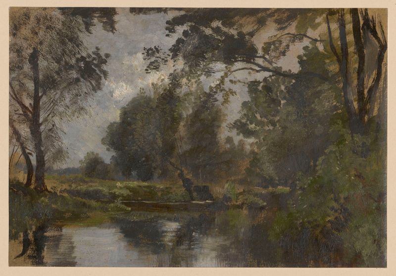 Trees by the Spree I, pintura a óleo de Adolf Dressler, retratando árvores e um rio sob a luz do sol.