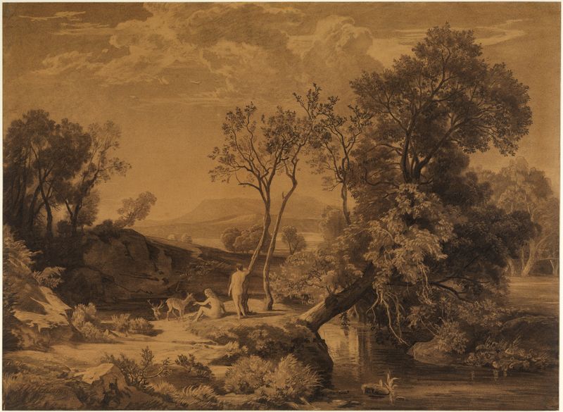 Paisaje que representa una mañana de primavera, pintura al óleo de Johann Wilhelm Schirmer