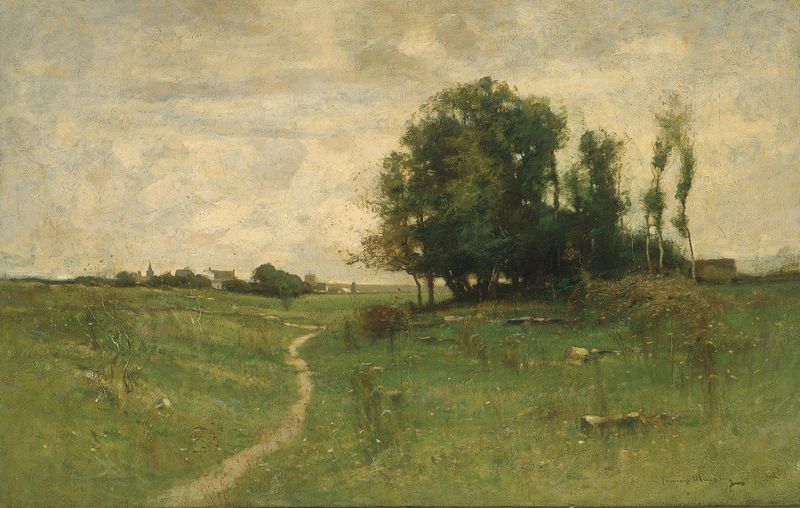 Pintura a óleo de paisagem de John Francis Murphy apresentando um caminho que leva a uma aldeia.