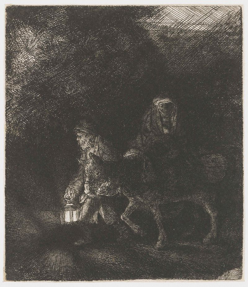 Gravura de Rembrandt van Rijn mostrando Maria, José e um burro em uma cena noturna