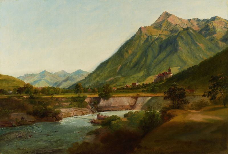Vue du Château de Wimmis et des environs by Johann Ludwig Aberli, landscape artwork
