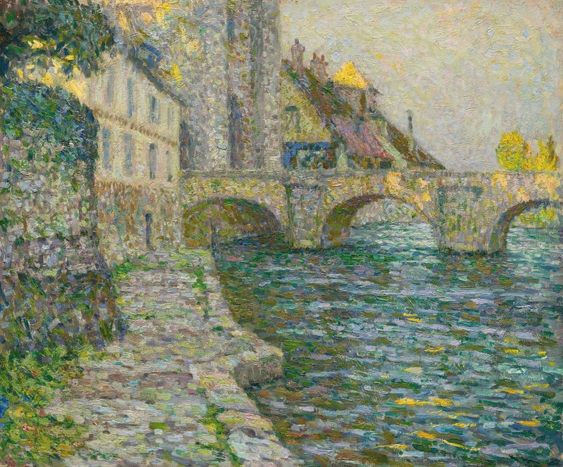 Paisagem impressionista de Henri Le Sidaner, Matin Gris, Moret, com suave luz da manhã e árvores.