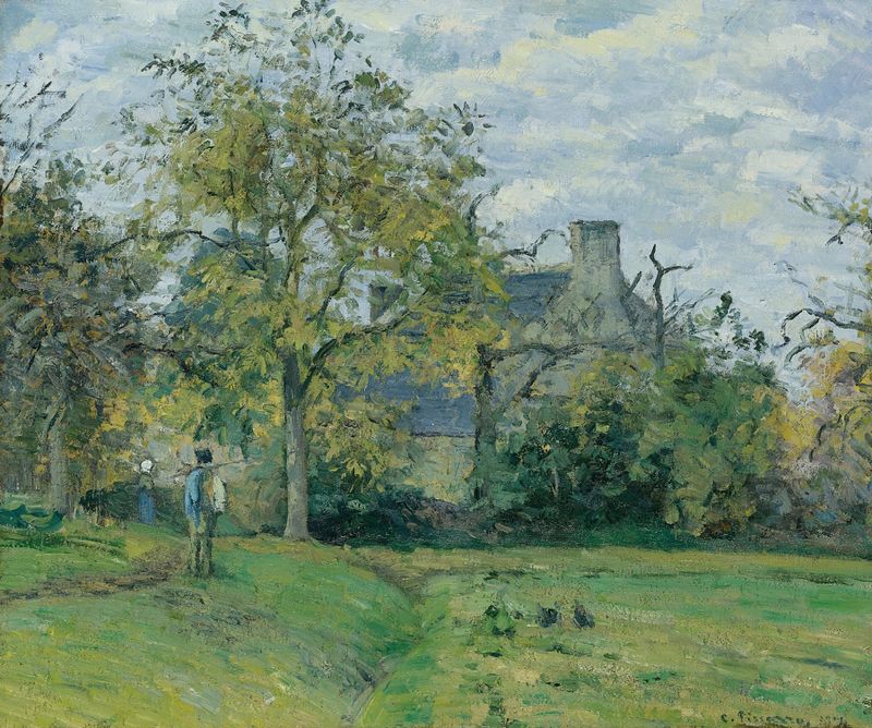 La Maison De Piette À Montfoucault by Camille Pissarro, oil painting of a rural house in a serene landscape.