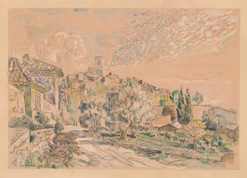 Saint-Paul-de-Vence de Paul Signac, óleo sobre lienzo que representa techos y luz solar.