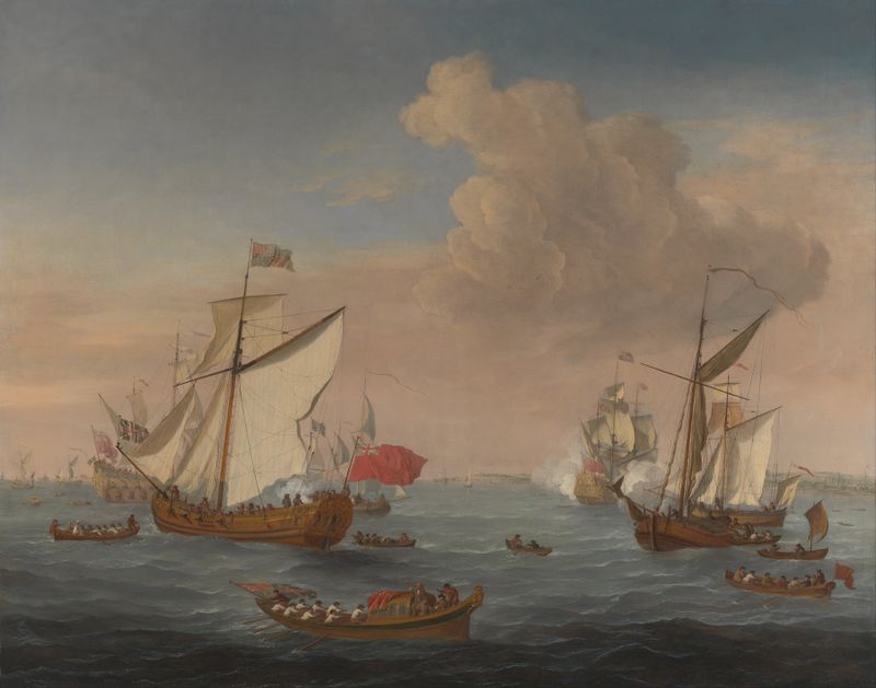 Navios no Estuário do Tâmisa perto de Sheerness de Isaac Sailmaker, pintura a óleo