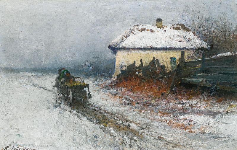 Paisagem de inverno com neve e árvores escuras, óleo sobre tela de Petr Alekseevich Levchenko