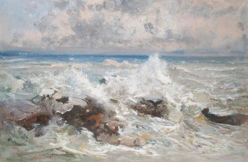 Waves crashing on the rocks at Bordighera, oil painting by Pompeo Mariani