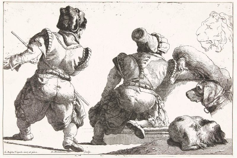 Grabado de Giovanni Domenico Tiepolo con dos figuras, dos perros y una cabeza de león.