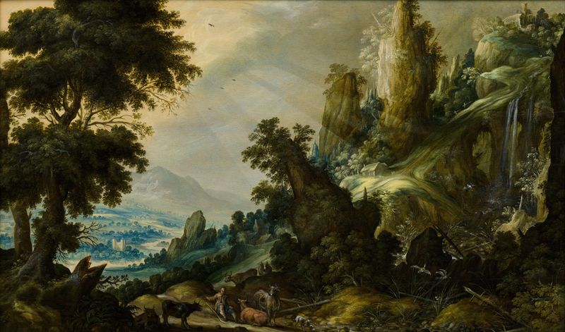 Mountain landscape with waterfall, oil on canvas by Kerstiaen de Keuninck