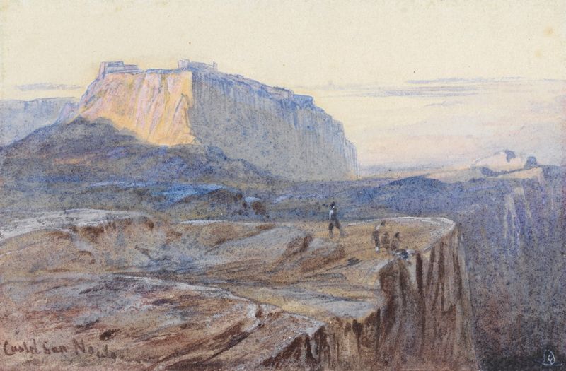 Castel San Niceto, Calabria de Edward Lear, acuarela sobre papel que representa un castillo entre la vegetación.