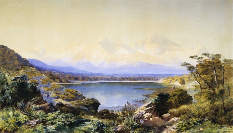 Mount Cook de John Gully, óleo sobre lienzo que representa un paisaje vibrante con montañas y valles.