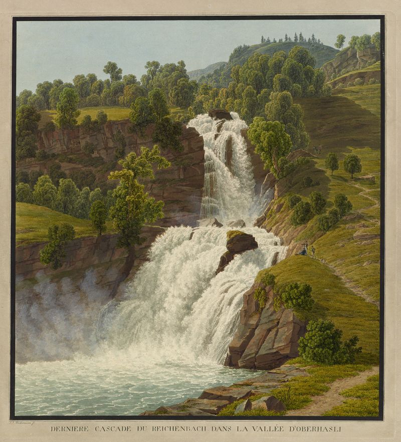 Reichenbachfall pintura al óleo de Johann Jakob Biedermann que representa una cascada y un paisaje rocoso