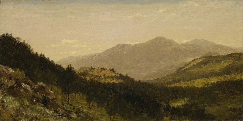 Paisagem de Bergen Park por John Frederick Kensett, pintura a óleo representando montanhas, rio e floresta.