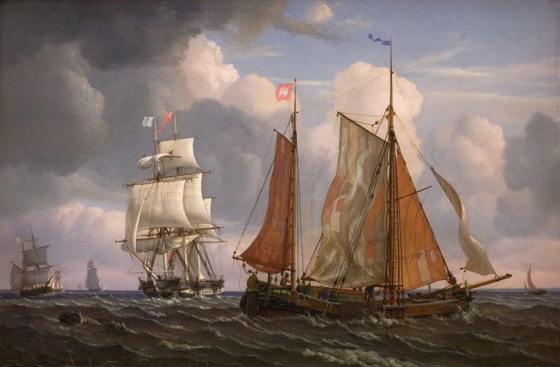 Navios navegando em um oceano tempestuoso, óleo sobre tela de Adolph Friedrich Vollmer
