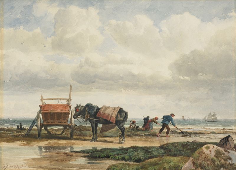 Gathering Seaweed, oil on canvas by Richard Beavis, depicting figures collecting seaweed at the shoreline.