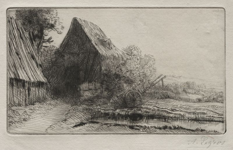 Le Maison du charron de Alphonse Legros, óleo sobre lienzo que representa una casa al atardecer