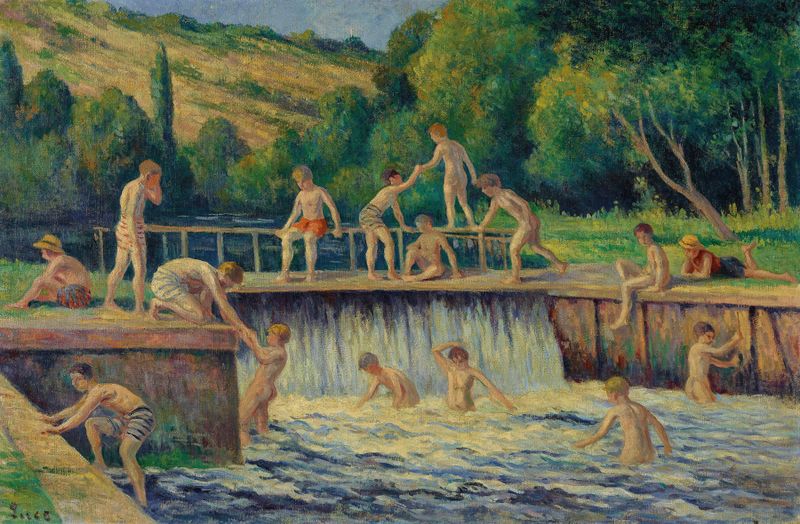 Escena de género de baño en el agua, pintura al óleo de Maximilien Luce