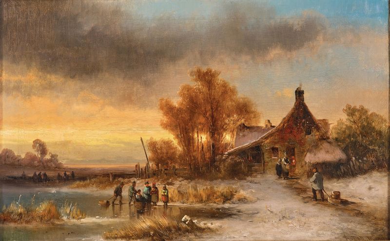 Un estanque nevado al atardecer, pintura al óleo de Anton Doll