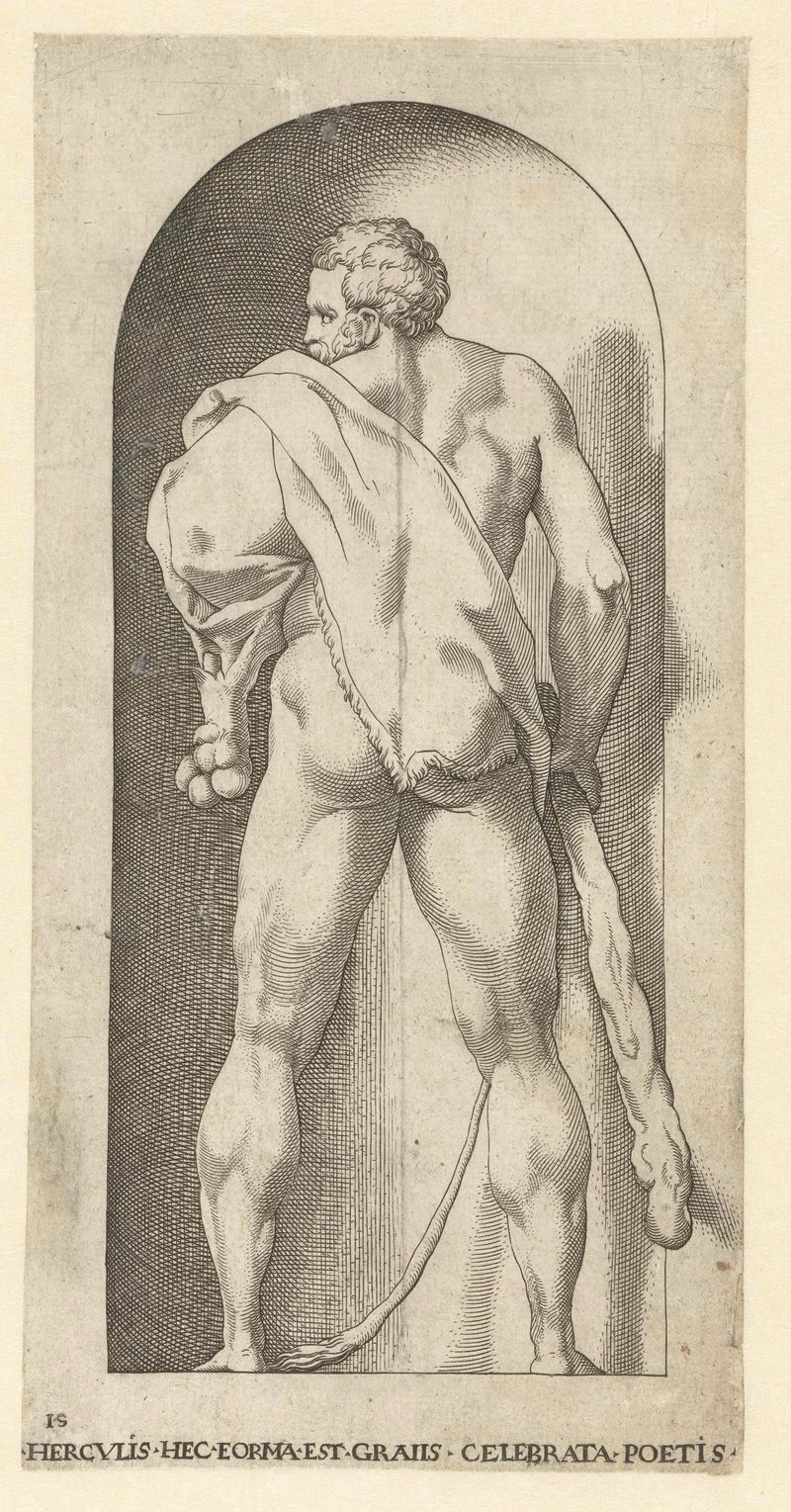 Engraving by Jacob Binck depicting Hercules draped in a lion skin
